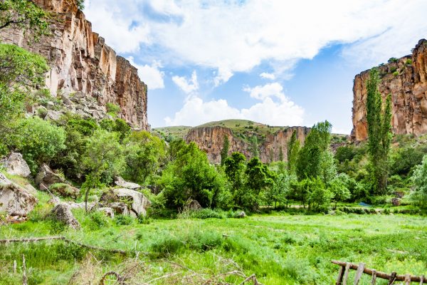 Travel to Turkey - green meadow in Ihlara Valley of Aksaray Province in Cappadocia in spring